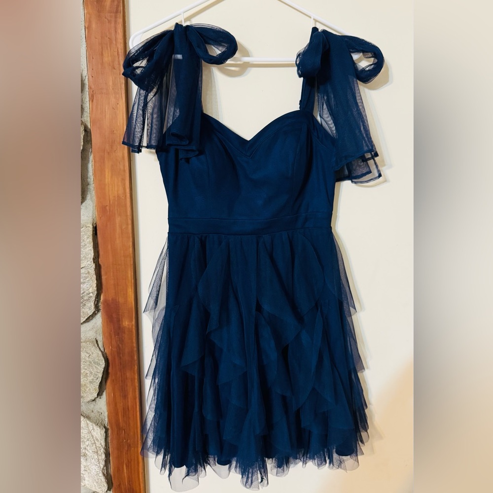 Elegant Navy Blue Dress with Sheer Sleeves